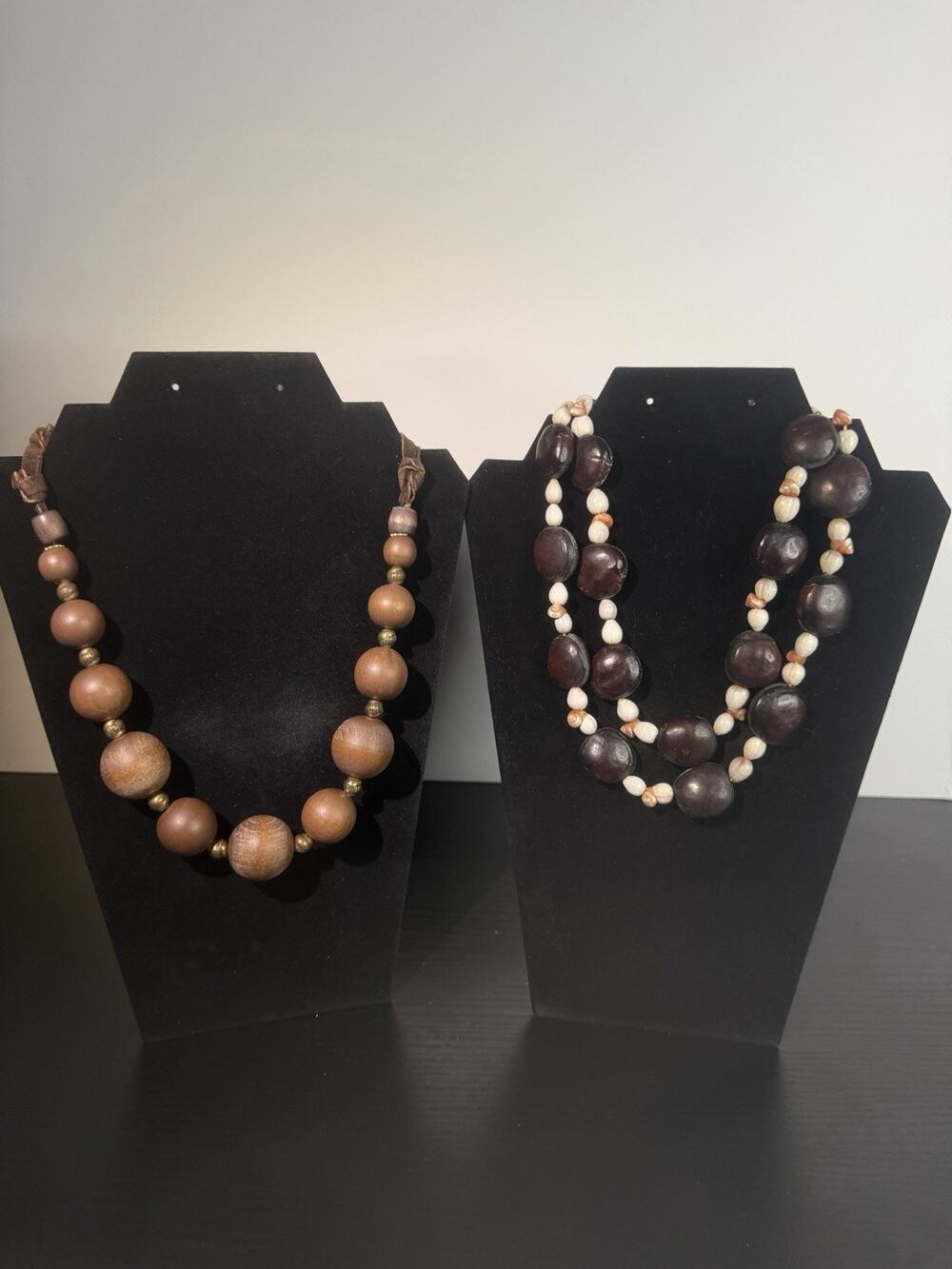 Lot 2 Natural Wooden Bead Shell Seed Necklaces Boho Chunky Statement Hippie